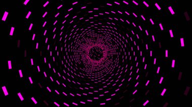 Siyah arkaplan. Görev. Soyutlamada bir tünel oluşturan turuncu ve mor ışık, karelerin duvarlarını vurguluyor ve sonunda parçacıklar parıldıyor. Yüksek kalite 4k görüntü