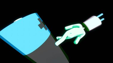 Siyah arka plan. Görev. Animasyondaki parlak yeşil bir robot üzerinde haç resmi olan küçük bir nesnenin etrafında yürüyor. Yüksek kalite 4k görüntü