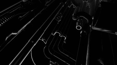 Soyut endüstriyel karanlık arka plan. Hareket. Metal detaylar ve tüplerle iç mekanizmanın içinde uçmak