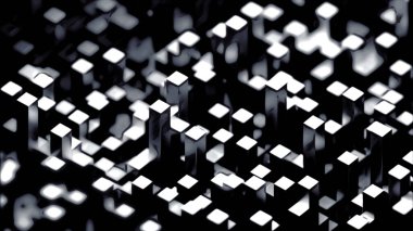 Uzun kare çizgileri olan siyah bir arkaplan. Tasarım. Çizgi film soyutlamasında hareket eden uzun sopalı üç boyutlu..