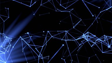 Mavi ve kırmızı arka plan. Hareket. Üzerinde molekül ve dalların bulunduğu çeşitli parçaların arka planda hareket ettiği ve döndüğü parlak bir arka plan. Yüksek kalite 4k