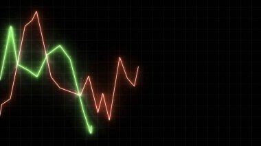 Yeşil mor ve kırmızı grafikler. Hareket. Soyutlamada parıldayan ve konumu aşağı yukarı değiştiren siyah arkaplan üzerindeki çok renkli grafikler. Yüksek kalite 4k görüntü