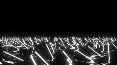 Aydınlatılmış lazerlerle siyah arka plan. Tasarım. Yan yana konulmuş turuncu ve mavi küçük raflarla animasyon. Yüksek kalite 4k görüntü