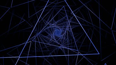 Üçgenler geometrik spirale dönüşür. Tasarım. Spiral içinde ince geometrik çizgiler ağı. Geometrik ağ sarmalı.