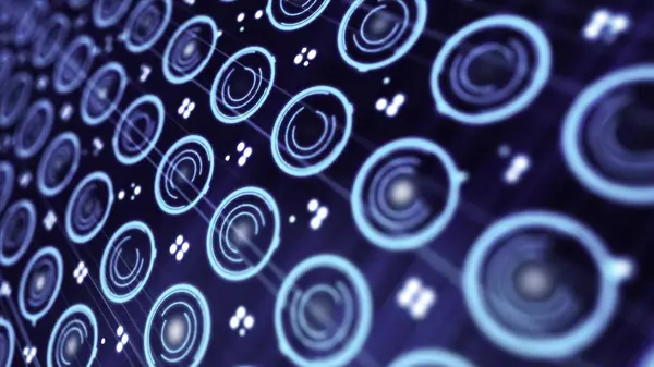 stock image Pattern of small blue spinning circles and pixels moving on a electronic screen. Close-up of rotating neon circles