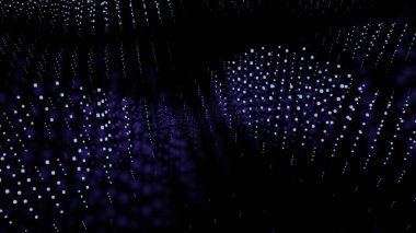 Teknoloji parçacıklarının veri alanı evreni. Tasarım. Küçücük parlak noktaların dalgaları yukarı aşağı hareket ediyor.