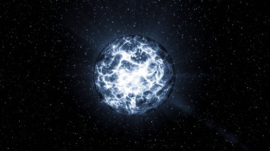 Işıl ışıl parlayan parlak bir top. Hareket. Enerji plazması 3 boyutlu topta pırıl pırıl parlıyor. Uzayda parçacıklarla parıldayan enerji topu.