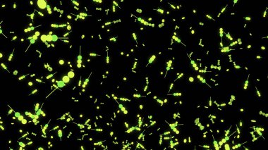 Siyah arkaplan. Tasarım. Canlandırmada küçük boyutta yeşil ve beyaz parçacıklar aşağıdan yukarıya yüksek hızda uçar. Yüksek kalite 4k görüntü