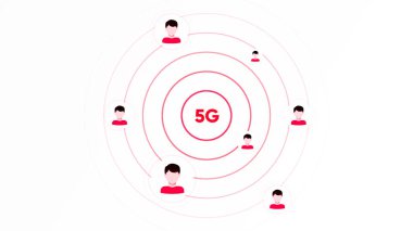 Sarı ve beyaz arka plan. Hareket. İnternet 5 G 'nin ve kullanıcı simgelerinin animasyondaki dağılımını gösteren parlak bir arkaplan. Yüksek kalite 4k görüntü