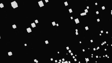 3D küpler sanal akımda hareket ediyor. Tasarım. Siyah arka planda uçan renkli küpler. Renkli 3D karelerin sanal akışı.