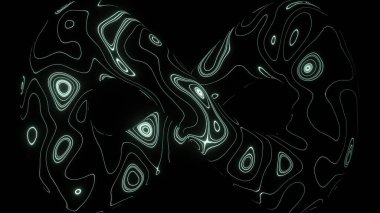 Parlak, parlak bir yay. Tasarım. Şeffaf geometrik bir figürle siyah bir arkaplan. Turkuaz gölgeler neon renkli, animasyonda parıldıyor. Yüksek kalite 4k görüntü