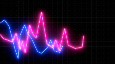 Karanlık bir arkaplanda kontrol noktalarının değişen değerlerine sahip neon soyut çizelgeler. Hareket. Yukarı ve aşağı hareket eden mavi ve pembe neon çizgileri ile animasyon