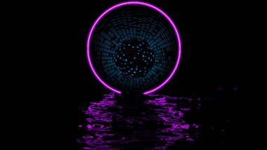 Suyun üstündeki neon halkada bir portal. Tasarım. Siyah arka planda parlayan çemberin içinde güzel parıldayan bir portal. Yuvarlak portalın karanlık sulardaki yansıması.
