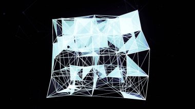 Şeffaf geometrik şekil. Hareket. Izgaradan ince beyaz bir karenin farklı renklerle vurgulandığı koyu bir arkaplan. Yüksek kalite 4k görüntü