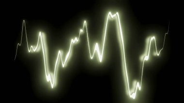 Parlak çizgi siyah arkaplanda salınır. Tasarım. Parlak neon hattı müzik frekansıyla titreşiyor. Ses eşitleyici ya da spektrogramın taşınması.