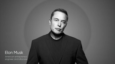 Elon Musk. Hareket. Reklam şirketi için Elon Musk 'la video girişi. İş adamı ve ünlü imajı olan şık bir animasyon..