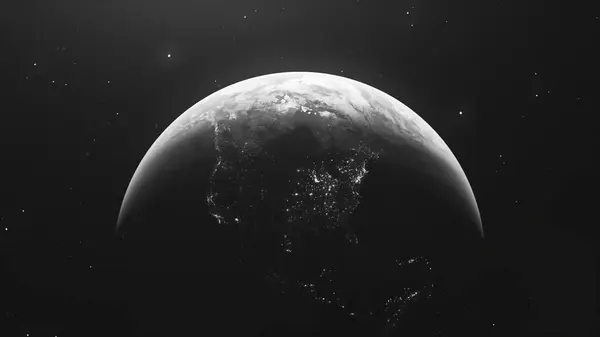 stock image The Earth in outer space black background with glowing stars. Motion. Spinning slowly planet