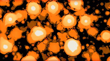 Mavi ve turuncu yoğun kabarcıklar. Tasarım. Animasyon sırasında oluşan parlak baloncuklu siyah arkaplan o baloncuk ve bulanıklık. Yüksek kalite 4k görüntü