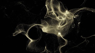 Siyah bir zemin üzerinde soyut uçan altın parçacıklar. Tasarım. Uzayda uzay tozu toplanıyor.