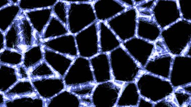 Karanlık arka plan. Tasarım. Mor ve mavi kısımlar 3 boyutlu formatlarda parlayan hatlar halinde sıralanır ve geriye doğru daralır. Yüksek kalite 4k görüntü