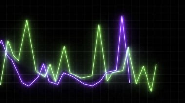 Yeşil mor ve kırmızı grafikler. Hareket. Soyutlamada parıldayan ve konumu aşağı yukarı değiştiren siyah arkaplan üzerindeki çok renkli grafikler. Yüksek kalite 4k görüntü
