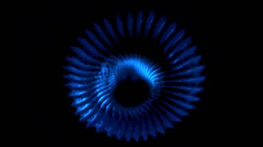 Yuvarlak 3D şekilli, titreşimli dalgalar. Hareket. Sıvı titreşimli yapıyla üç boyutlu soyut şekil. Siyah arkaplanda dalga titreşimleri olan yuvarlak 3D şekil.