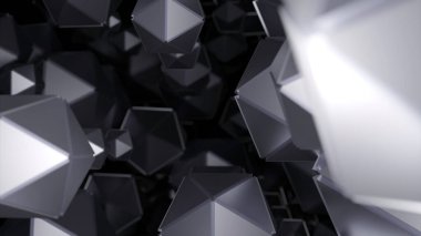 Çokgen şekilli uzay. Tasarım. Poligonal geometrik şekiller siyah arkaplan üzerinde hareket eder. Akışta birçok geometrik 3D şekil.