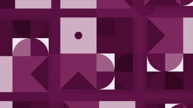 Çemberleri, kareleri ve üçgenleri kusursuz bir şekilde döngü halinde olan geometrik desen. Hareket. Mor tonlarda modernist soyut arkaplan