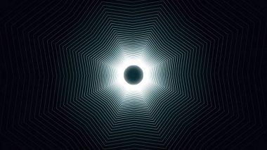 Soyut fütüristik beyaz koridor, neon çizgileri olan tünel. Beyaz, parlak ışık ve tek renkli bir tünel oluşturan dar çizgilerle çevrili siyah daire..