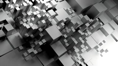 Beyaz ve mavi kırık arka plan. Görev. Soyutlamada üç boyutlu kareler farklı boyutlarda büyüyor. Yüksek kalite 4k görüntü