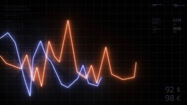 İş numaralarıyla çizelgeleri taşıyorum. Hareket. Sayılarla istatistiksel özetleri olan neon çizgiler. Para birimlerinin digramı değişiyor.