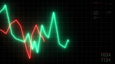 İş numaralarıyla çizelgeleri taşıyorum. Hareket. Sayılarla istatistiksel özetleri olan neon çizgiler. Para birimlerinin digramı değişiyor.