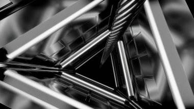 Metal duvarlı üç boyutlu bir tünel. Tasarım. Ortasında ip olan 3 boyutlu bir tünel. Neon çizgileri olan karanlık bir tünelde yaşam çizgisi..