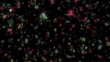 Siyah arkaplanda görünen çok renkli neon sosyal medya ağı emojilerinin soyut animasyonu. Animasyon. Kusursuz döngünün animasyonu.