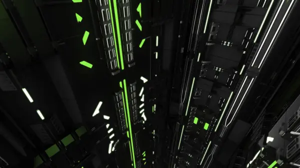 stock image Elevator corridor in the building lit by green illumination. Flying through futuristic elevator shaft, seamless loop, abstract technological background.