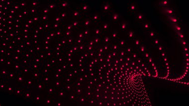 Eğri üç boyutlu noktalar siyah arkaplanda hareket ediyor. Tasarım. Noktalar kıvrımlı hacim akışında hareket eder. Koyu uzayda 3d etkisi ve geometrik eğrileri olan nokta akışı.