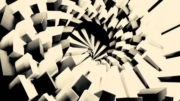 stock image Dynamic monochrome pattern of 3D swirl of small 3d rectangles. Design. Tornado of black and white cubic shapes