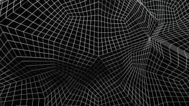 Eğri 3d ızgaralı soyut uzay. Tasarım. Hareket eden geometrik eğrilerle siber ağ. Uzayın psikedelik kıvrımlarıyla siber uzayda 3B ızgara.