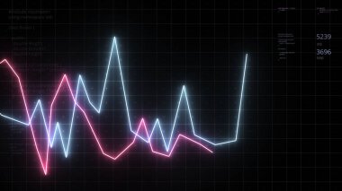 İş numaralarıyla çizelgeleri taşıyorum. Hareket. Sayılarla istatistiksel özetleri olan neon çizgiler. Para birimlerinin digramı değişiyor.