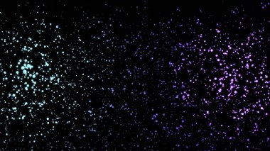Karanlıkta dönen ve yüzen çok renkli parçacıkların güzel soyutlanması. Animasyon. Siyah arkaplanda dinamik renkli animasyon.