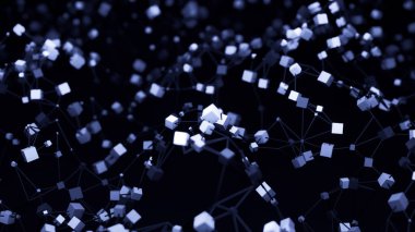 Dalgalı hareketlerle soyut birbirine bağlı çizgiler ve küpler. Tasarım. Yukarı ve aşağı 3 boyutlu parçacıklar