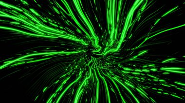 Perspektifteki neon çizgileri bozulmuş. Tasarım. Neon merkezileştirilmiş hatlarda bozulma. Merkeze doğru hareket eden parlak çizgiler dalgalı akıntılar tarafından bozulur. Matris çarpıtmaları.