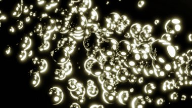 Siyah arka plan. Tasarım. Animasyonda büyük baskı altında parlak altın ve mor baloncuklar farklı yönlere sıçrar. Yüksek kalite 4k görüntü