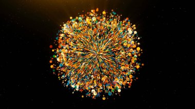 Colorful particles disappear in center of space. Motion. Temporary disappearance of colorful particles in explosion. Rewind of explosion disappearing at point in outer space. clipart