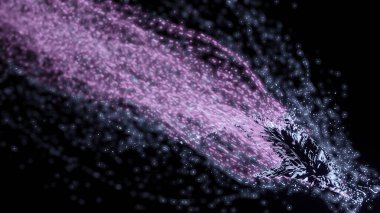 Pembe ve yeşil parıltı. Tasarım. Animasyonda parlayan farklı renklerde küçük bir tozla siyah bir arkaplan. Yüksek kalite 4k görüntü