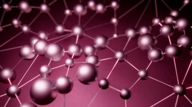 Pembe ve kırmızı arka plan. Tasarım. Soyutlamada hareket eden çizgilerle birbirine bağlı yuvarlak atomlar. Yüksek kalite 4k görüntü