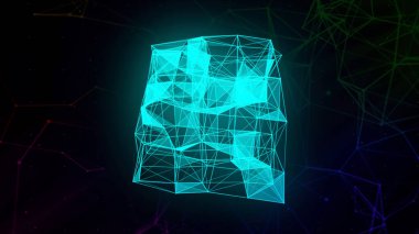 Koyu arkaplan. Hareket. Arka planda animasyonla yapılmış ve gölgelerde farklı tonlarda parlayan saydam güzel bir geometrik figür. Yüksek kalite 4k görüntü