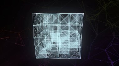 Şeffaf geometrik şekil. Hareket. Izgaradan ince beyaz bir karenin farklı renklerle vurgulandığı koyu bir arkaplan. Yüksek kalite 4k görüntü