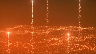 Nehirde parlak noktalar var. Hareket. Parlak parçacıklar ve hareket eden noktalarla enerji akışı. Parlak parçacık dalgalarıyla enerji ya da kozmik akış.