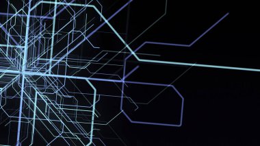 Yapay zeka kavramı ve çoklu seçim. Soyut renkli düz çizgiler siyah ekranın ortasında belirir ve kenarlara yayılır..